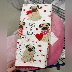 Valentine’s Day Pugs & Kisses Kitchen Towels w/Red Heart Trim set of 2 NWT
